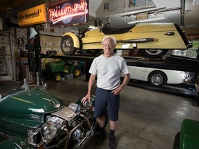 For more than 50 years, Tom Scully has been collecting cars, including a green 1938 Morgan 3 Wheel Super Sport and a 1935 yellow Morgan 3 Wheel Super Sport. He built a deluxe garage to store and work on them in comfort.