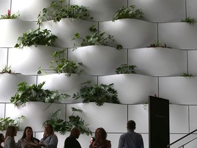 Visitors are silhouetted against a wall display in the lobby at the opening of Telus Sky in downtown Calgary on Wednesday, July 6, 2022.