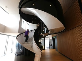 A spiral staircase is shown on the upper floors at the opening of Telus Sky in downtown Calgary on Wednesday, July 6, 2022.