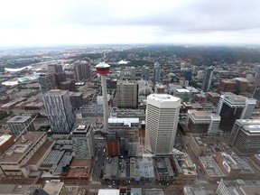 Part of the Calgary skyline, looking south and showing the Calgary Tower as viewed from the upper floors at the opening of Telus Sky in downtown Calgary on Wednesday, July 6, 2022.