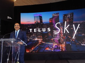 Navin Arora, Executive Vice President of TELUS Business Solutions, speaks at the opening of Telus Sky in downtown Calgary on Wednesday, July 6, 2022.