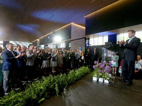 Darren Entwistle, Chairman and CEO of TELUS, speaks at the opening of Telus Sky in downtown Calgary on Wednesday, July 6, 2022.