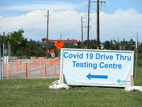 An AHS COVID-19 drive-thru testing site is shown in northeast Calgary near Deerfoot Tr.  and 32 Ave. NE Wednesday, July 13, 2022.