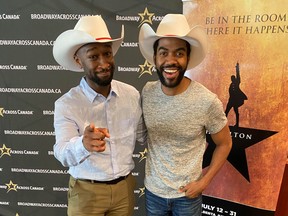 Donald Webber, Jr. who plays Aaron Burr and Julius Thomas III who plays Alexander Hamilton in the Broadway musical HAMILTON were given the traditional white Cowboy hat in Calgary at the Jubilee Auditorium. Photo supplied by Shareworthy PR & Communications
