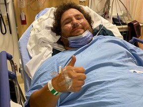 A Facebook photo of Chuckwagon driver Cody Ridsdale in hospital. He was one of the three people injured by an alleged impaired driver outside of Ranchman's on Saturday.