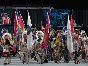 Competitors take part in the 2022 Calgary Stampede Powwow, which includes competitive dancing, drumming, singing, and a showcase of other indigenous performances.  Tuesday, July 12, 2022.