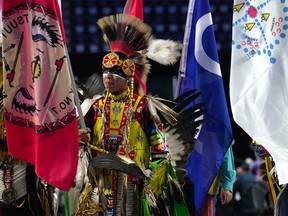 Competitors take part in the 2022 Calgary Stampede Powwow, which includes competitive dancing, drumming, singing, and a showcase of other indigenous performances.  Tuesday, July 12, 2022.