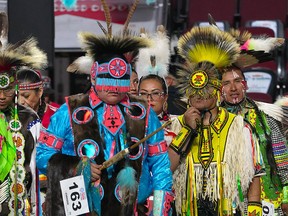 Competitors take part in the 2022 Calgary Stampede Powwow, featuring competitive dancing, drumming, singing and a showcase of other Indigenous performances. Tuesday, July 12, 2022.