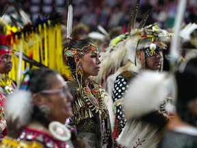 Competitors take part in the 2022 Calgary Stampede Powwow, which includes competitive dancing, drumming, singing, and a showcase of other indigenous performances.  Tuesday, July 12, 2022.