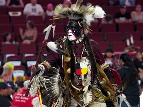 Competitors take part in the 2022 Calgary Stampede Powwow, featuring competitive dancing, drumming, singing and a showcase of other Indigenous performances. Tuesday, July 12, 2022.