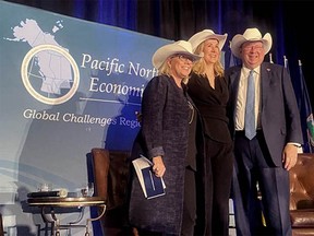 (L-R) Maryscott "Scotty" Greenwood, CEO of the Canadian American Business Council Canadian Ambassador to the United States, Kristen Hillman and U.S. ambassador to Canada, David Cohen during PNWER conference  in Calgary July 25, 2022.