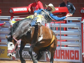 California cowboy R.C. Landingham's dance with Disco Party was good enough for a score of 86 during Day 2 of the bareback event at the Calgary Stampede rodeo on Saturday.