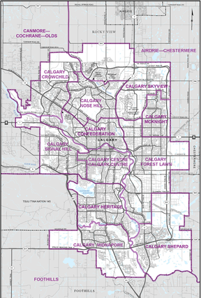 Proposed boundaries of Calgary federal ridings, including the new Calgary McKnight riding. A portion of the proposed Airdrie-Chestermere riding is also shown.
