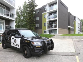 Calgary police investigate a suspicious death in the 4400 block of Greenview Drive N.E. in Calgary on Wednesday.