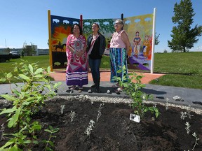 Elder Marilyn Shingoose, Heather Morigeau with Foodscape and Aboriginal hospital liaison Georgina Bird pose at the new Indigenous Healing Garden on Thursday.