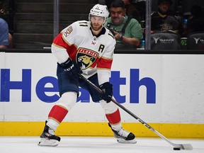 Mar 18, 2022; Anaheim, California, USA; Florida Panthers left wing Jonathan Huberdeau (11) controls the puck against the Anaheim Ducks during the first period at Honda Center.