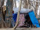 One of several homeless camps along the Bow River near Sunnyside was photographed on April 27, 2022. 