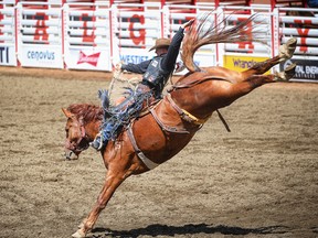 Big Valley cowboy Zeke Thurston rides Baby Kibitz to a score of 89.5 on Day 1 of the Calgary Stampede rodeo saddle-bronc event on  Friday.