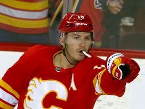 Flames Matthew Tkachuk celebrates his second goal of the game during NHL action in Calgary between the Edmonton Oilers and Calgary Flames on Saturday, March 26, 2022.