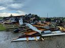 The aftermath of Thursday's tornado about 8 miles west of Olds.