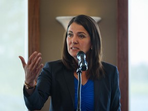 UCP leadership candidate Danielle Smith speaks at a campaign rally in Chestermere on Tuesday, August 9, 2022.