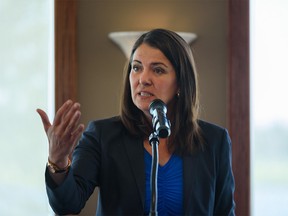 UCP leadership candidate Danielle Smith speaks at a campaign rally in Chestermere on Tuesday, Aug. 9, 2022.