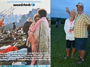 This combination of images created on August 16, 2019 shows the live album (left) of Woodstock: Music from the Original Soundtrack and More, with couple Bobbi and Nick Ercoline on the cover and Bobbi and Nick Ercoline themselves , posing 50 years later at Bethel Woods.  Center for the Arts in 2019 in Bethel, New York.  Nick and Bobbi Ercoline, captured in this iconic photo, had only been dating for three months when they joined throngs of their peers for the 1969 Woodstock explosion that would become emblematic of their generation.  Photo by Angela Weiss/AFP/Getty Images.
