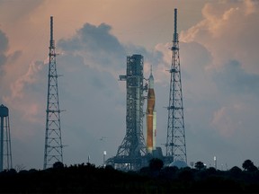 CAPE CANAVERAL, FLORIDA - AUGUST 30:  NASA's Artemis I rocket sits on launch pad 39-B at Kennedy Space Center on August 30, 2022 in Cape Canaveral, Florida. The Artemis I launch was scrubbed yesterday after an issue was found on one of the rocket's four engines. The next launch opportunity is on September 2.  (Photo by