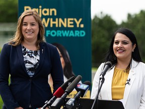 Calgary North-East UCP MLA Rajan Sawhney (right) launches his campaign for the United Conservative Party leadership alongside Airdrie UCP MLA Angela Pitt at Violet King Henry Plaza at the Alberta Legislature in Edmonton, Monday, June 13, 2022.