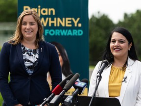Calgary North-East UCP MLA Rajan Sawhney (right) launches her campaign for the leadership of the United Conservative Party next to Airdrie UCP MLA Angela Pitt at Violet King Henry Plaza at the Alberta Legislature in Edmonton, on Monday, June 13, 2022.