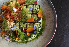 Grilled baby cucumbers with dill and garlic eggplant puree, ginger birch syrup and black walnuts at Fire and Flora. Jim Wells/Postmedia