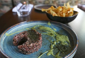 Rhubarb tartare with wasabi and root veggie chips at Fire and Flora at the District at Beltline. Jim Wells/Postmedia