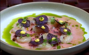 Ceviche (Hokkaido scallops, tiger leche, octopus jerky and crisps) is featured at Fortuna's Row. Jim Wells/Postmedia