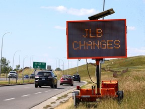 An electronic sign notifying citizens of upcoming changes near 19 St. NW and John Laurie Blvd. in Calgary on Wednesday, August 17, 2022.
