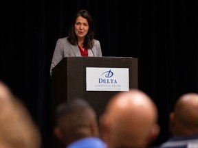 United Conservative Party leadership candidate Danielle Smith speaks during the Rally For Alberta at the Delta Hotels by Marriott Edmonton South Conference Centre in Edmonton on Thursday, Aug. 11, 2022.