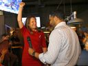 Chrystia Freeland with George Chahal in the garage to meet supporters in Calgary on Tuesday, August 30, 2022.