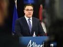 Finance Minister Jason Nixon speaks at a news conference in Edmonton on October 25, 2021.