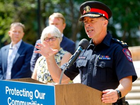 Mark Neufeld, Chief Constable with the Calgary Police Service, speaks during a press conference in Calgary on Wednesday, August 24, 2022.