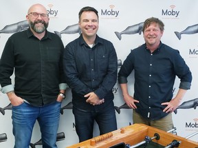 Moby's executive team, from left, founder/CTO Nick Brewer, vice-president of business development Stewart Cummings and CEO Boaz Shilmover are growing their independent telecom company in downtown Calgary