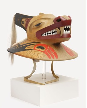 Dempsey Bob, Wolf Chief’s Hat, c. 1993. Red cedar, acrylic paint, operculum shell, horsehair, leather, and ermine. Collection of Eric Savics. Rachel Topham photo. From the exhibit Wolves, The Art of Dempsey Bob, appearing at the Glenbow Museum.