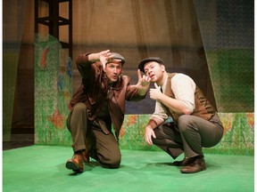 Nathan Schmidt, left, and Griffin Cork in Rosebud Theatre's Stones in His Pockets. Courtesy, Rosebud