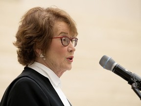 Alberta Chief Justice Catherine Fraser takes part in a 2019 ceremony announcing a decision to let witnesses to swear oaths on sacred eagle feathers in all three Alberta courts. Fraser retired after 30 years as Alberta's top judge on July 30, 2022.