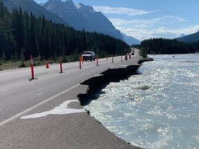 Pictured is the damage caused by a washout on  Highway 93 between Banff and Jasper