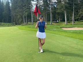 Adele Sanford, 14, celebrates sinking a second hole-in-one at the club championships at Canmore Golf and Curling Club on Sunday, August 21, 2022.