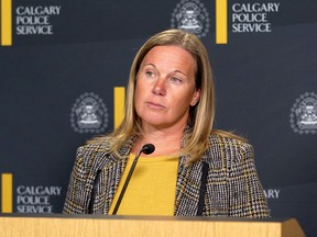 Inspector Jodi Gach of the Calgary Police Service Organized Crime and Offender Management Section speaks to media about a recent string of charges laid in multiple organized crime investigations.