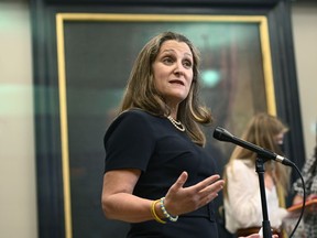 Deputy Prime Minister and Minister of Finance Chrystia Freeland speaks to reporters before heading to Question Period in the House of Commons on Parliament Hill in Ottawa on Thursday, June 23, 2022. The RCMP says it is investigating an incident last Friday in which Deputy Prime Minister Chrystia was subjected to a profane tirade in Grand Prairie, Alta.THE CANADIAN PRESS/Justin Tang