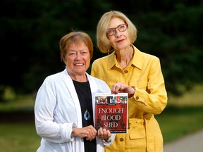 Retired university professors, from left, Trudy Govier and Tamara Seiler are campaigning to build a peace museum in Calgary on Tuesday, Aug. 23, 2022.