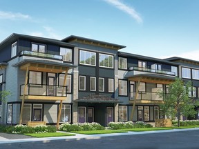 The front view of Townhomes at Savanna by Rohit Communities in the Northeast Savanna community of Saddle Ridge.  The developer will build stacked townhomes in the University District.