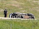 Calgary police investigate a serious early morning roll over at 128th Ave. And 15 St. N.E. in Calgary on Saturday, August 27, 2022.