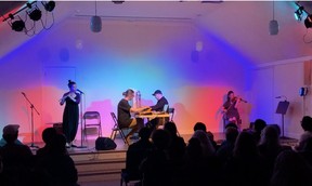 Tadpole performs at Theatre 1308 inside a Calgary Mennonite church. The eclectic supergroup features experimental violinist Laura Reid and flutist Jiajia Li of Who Cares?, collaborating with electronic musicians Krzysztof Sujata and Whitney Ota. Courtesy, Graham Neumann